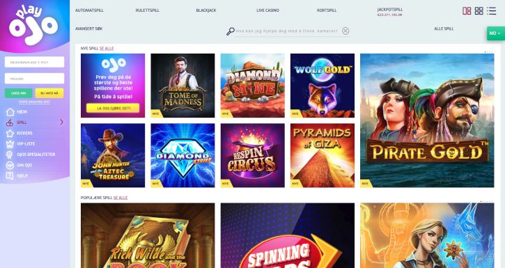 PlayOjo Casino home page